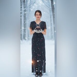 Vintage Maxi dark gray w/ red light green flowers accents